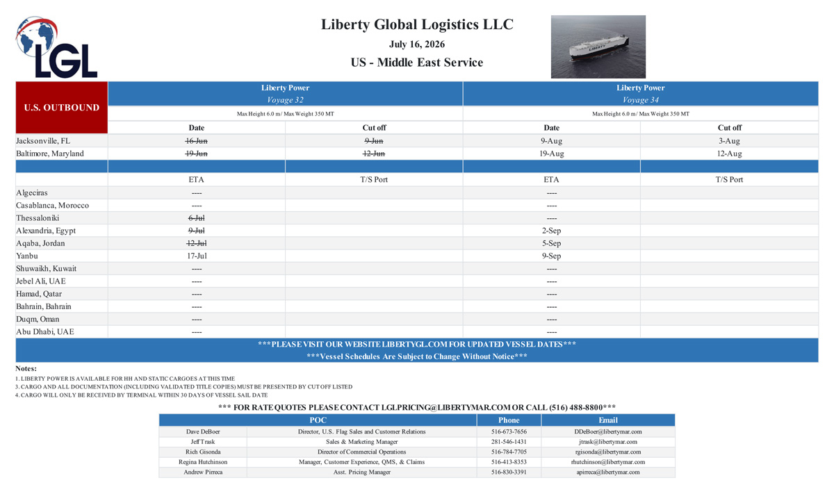 Liberty Global Logistics Sailing Schedule